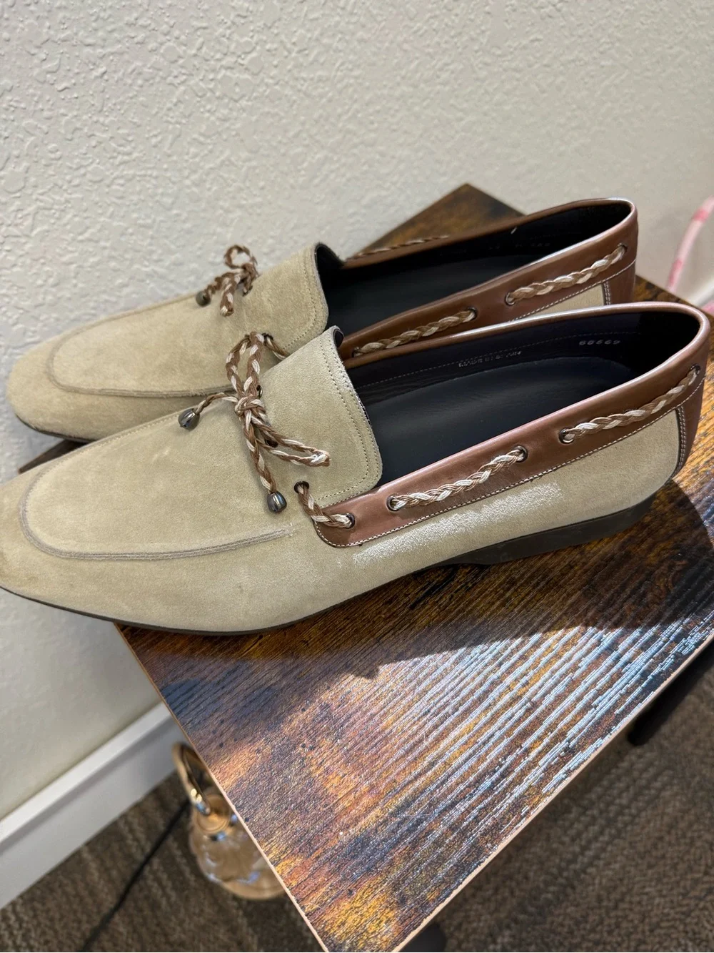 Mezlan 1968 Men's Suede Loafers in Beige with Brown Trim 13